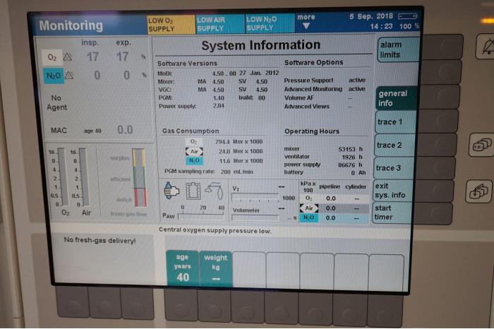 Drager Primus anesthesia machine with Drager Infinity Delta monitor and Sevoflurane vaporizer