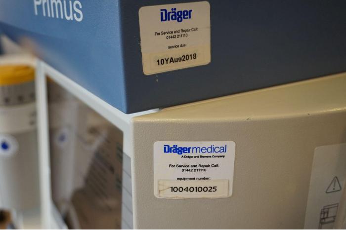 Drager Primus anesthesia machine with Drager Infinity Delta monitor and Sevoflurane vaporizer